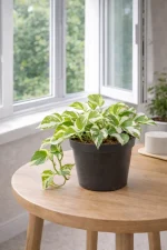 Pothos on a side wooden table infront of a large window