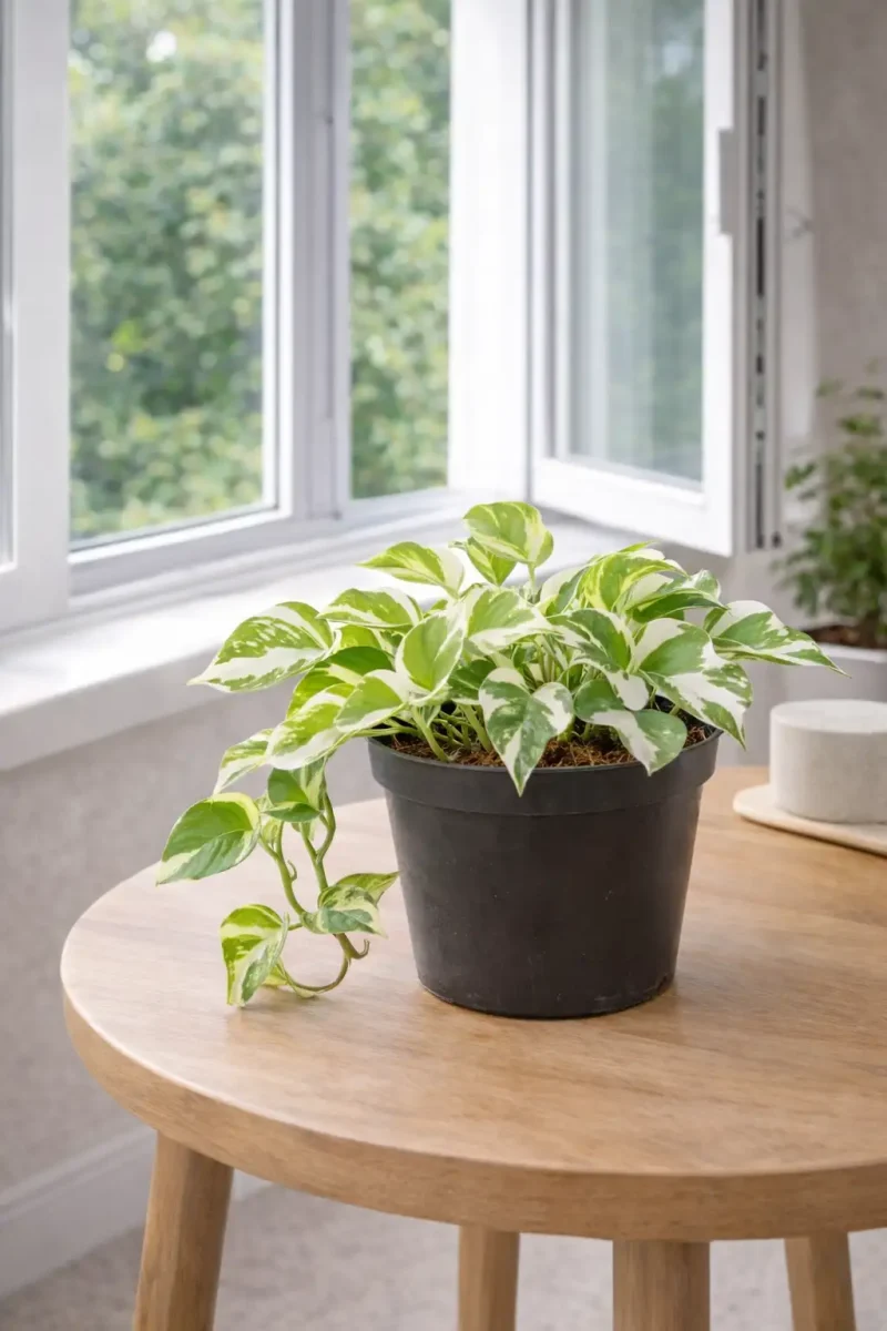 Pothos on a side wooden table infront of a large window