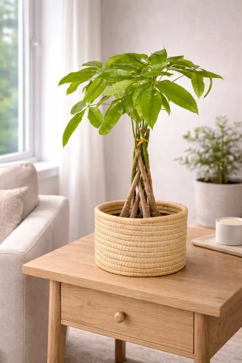 Pachira Money tree on a wooden table next to a sofa