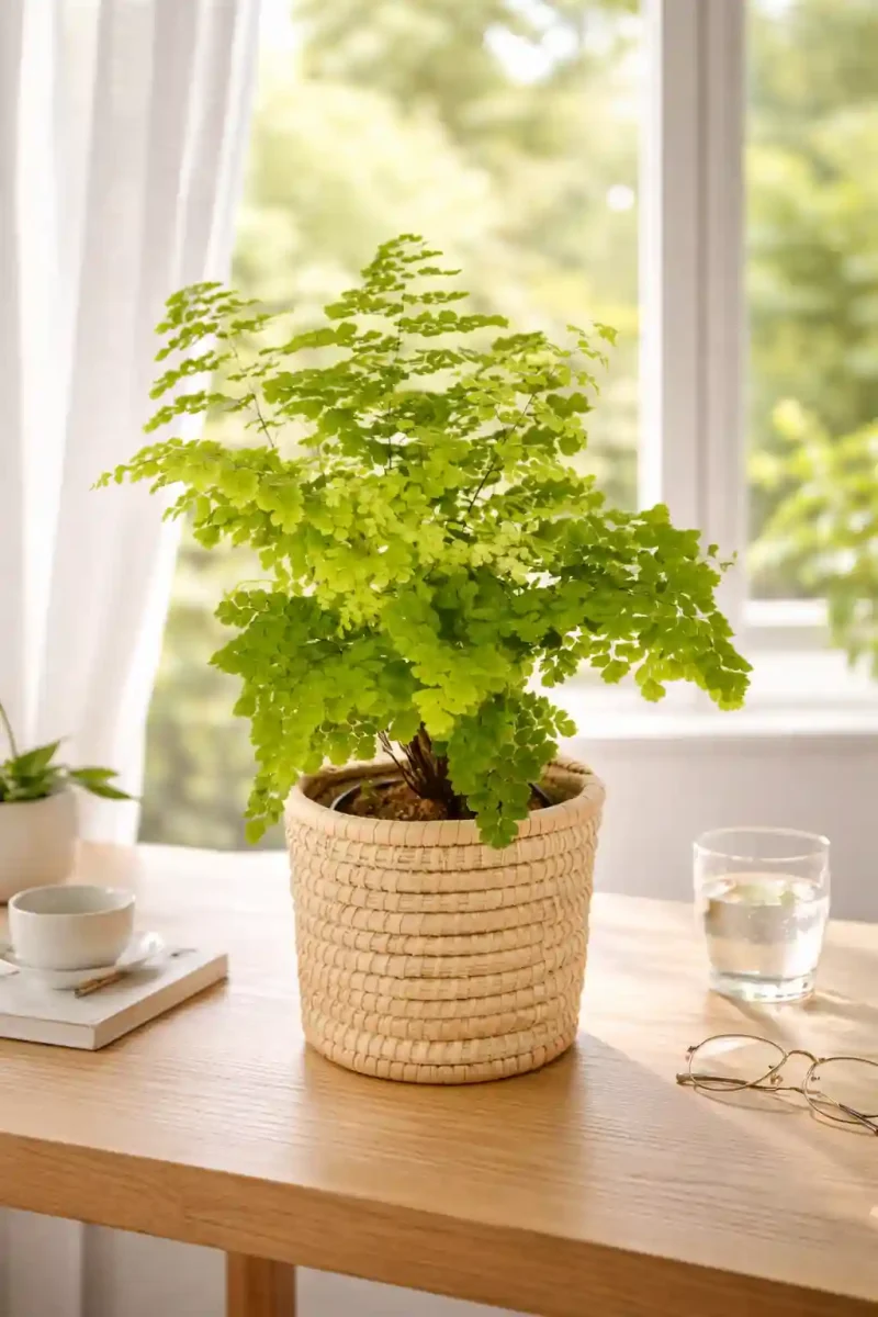 Maidenhair fern on a table by a bright window
