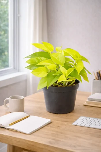 Diamond lime Pothos on a work table