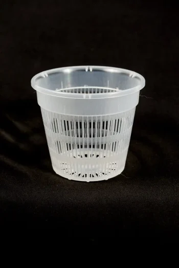 14 cm clear net pot showing full side ventilation slits.