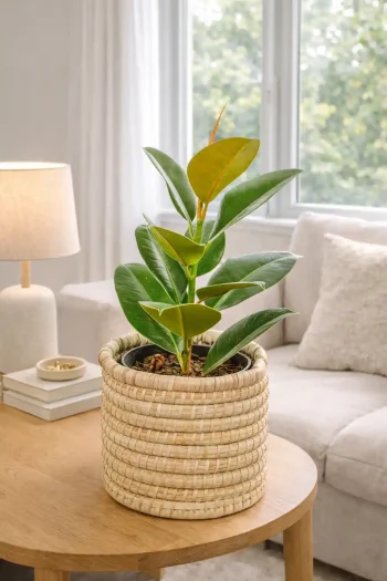 A Large Ficus Robusta on a side table in a sitting room