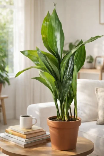 Large Cast Iron Plant styled in lounge on a wooden table