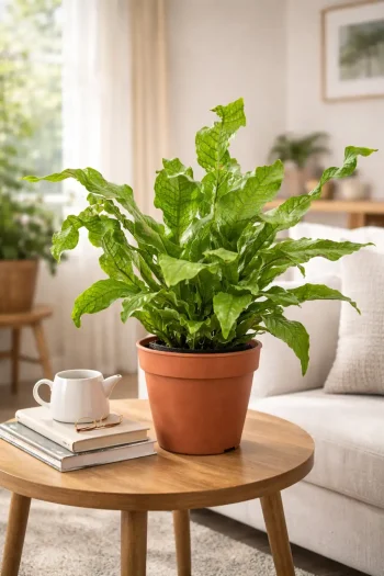 Crocodile fern on a side wooden table in a loung setting
