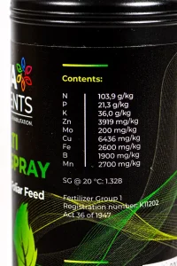 Close up of the composition of Multi Foliar Spray bottle