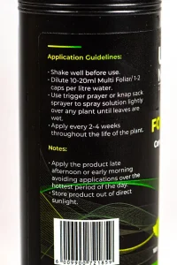 Usage guideline on the back of a bottle of Multi Foliar Spray