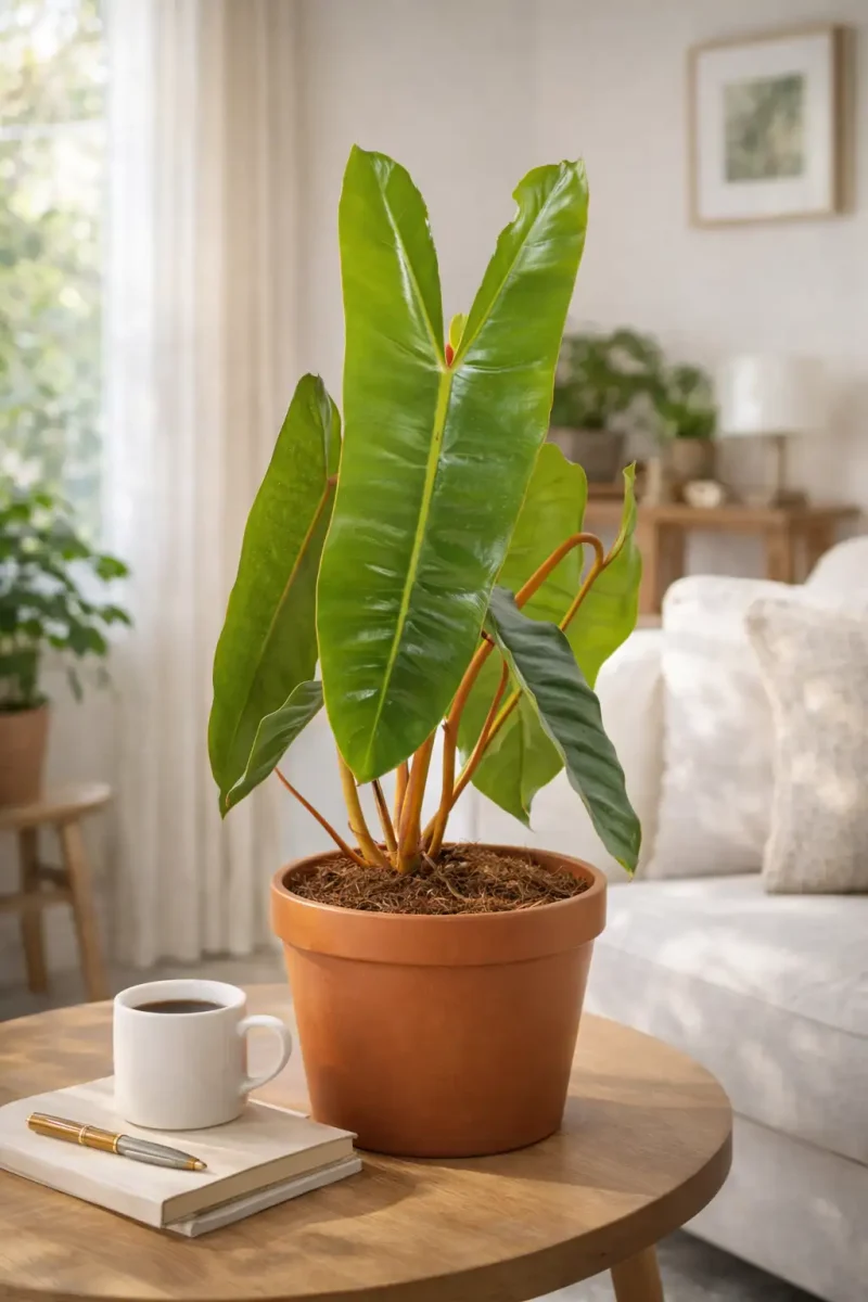 Philodendron Billietiae on woodtable in lounge