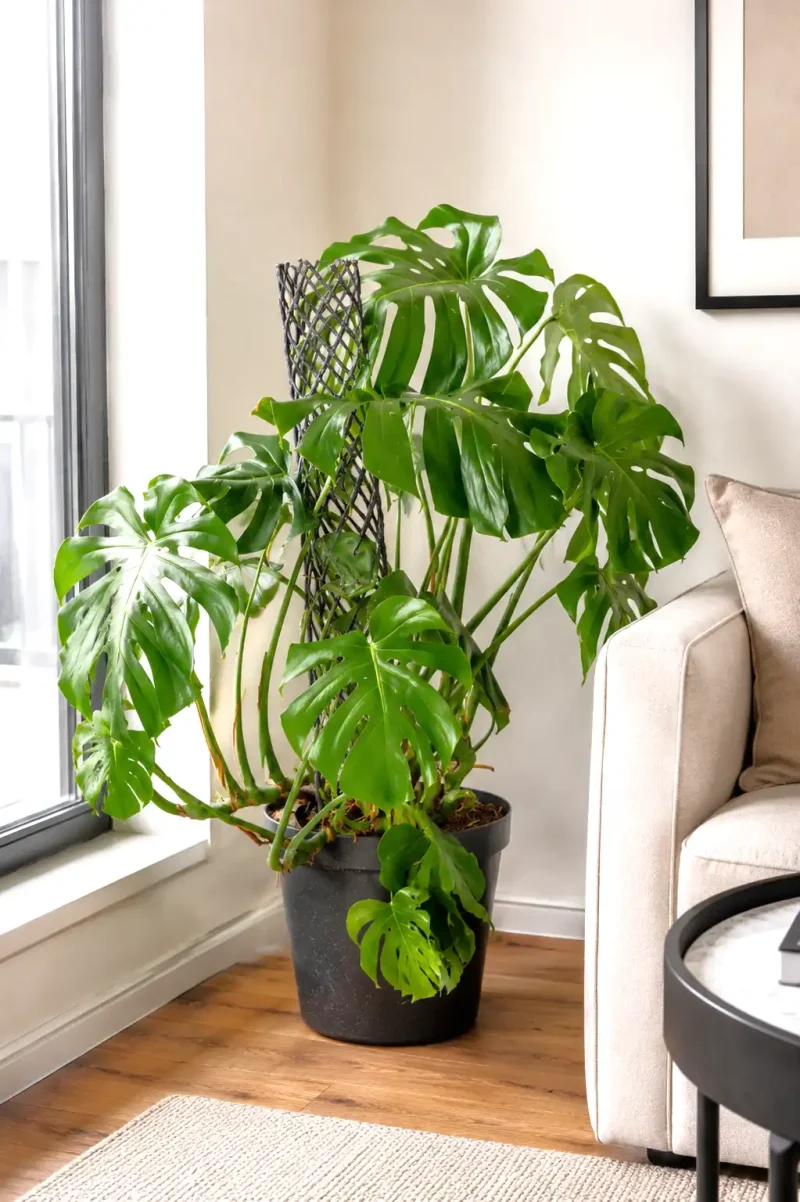 Giant Monstera Deliciosa LS (1) Giant Monstera Deliciosa in a loung on wooden flror next to a coach.