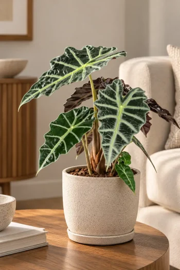 Large Alocasia Amazonica on brown wooden table
