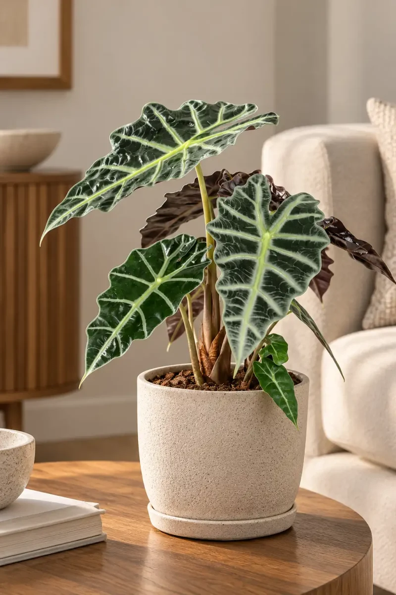 Alocasia Amazonica LS Large Alocasia Amazonica on brown wooden table