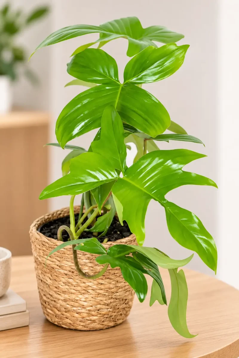 Glossy Split-Leaf Philodendron on Wood Table Philodendron Florida Green on woodedn table